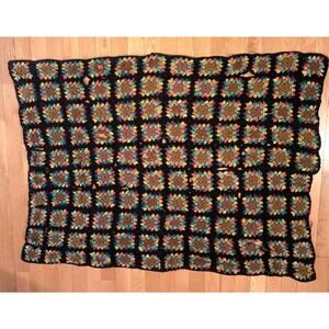 Vintage 70s Rainbow Trippy Boho Festival Ombre Granny Square Blanket 58" X 45"